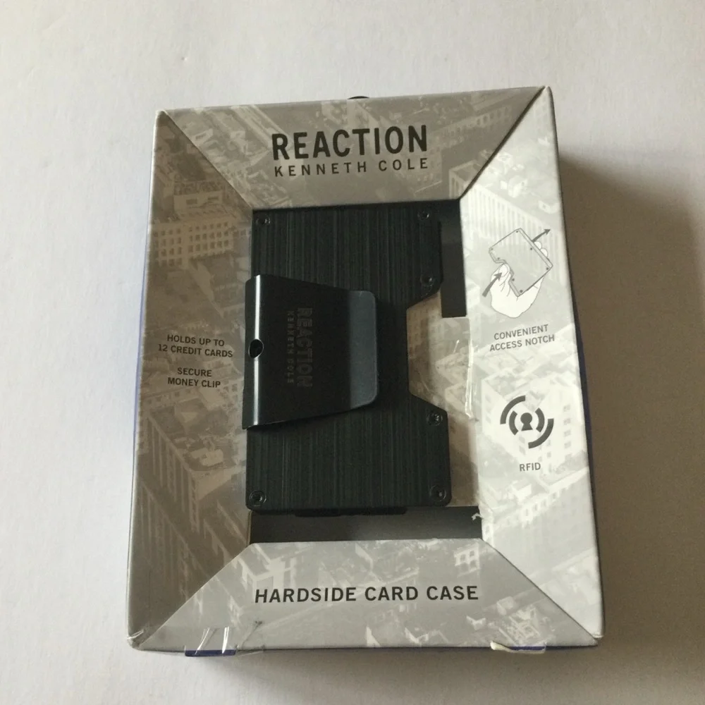 KENNETH COLE REACTION HARDSIDE METAL CARD CASE WALLET WITH MONEY CLIP BLACK NWT